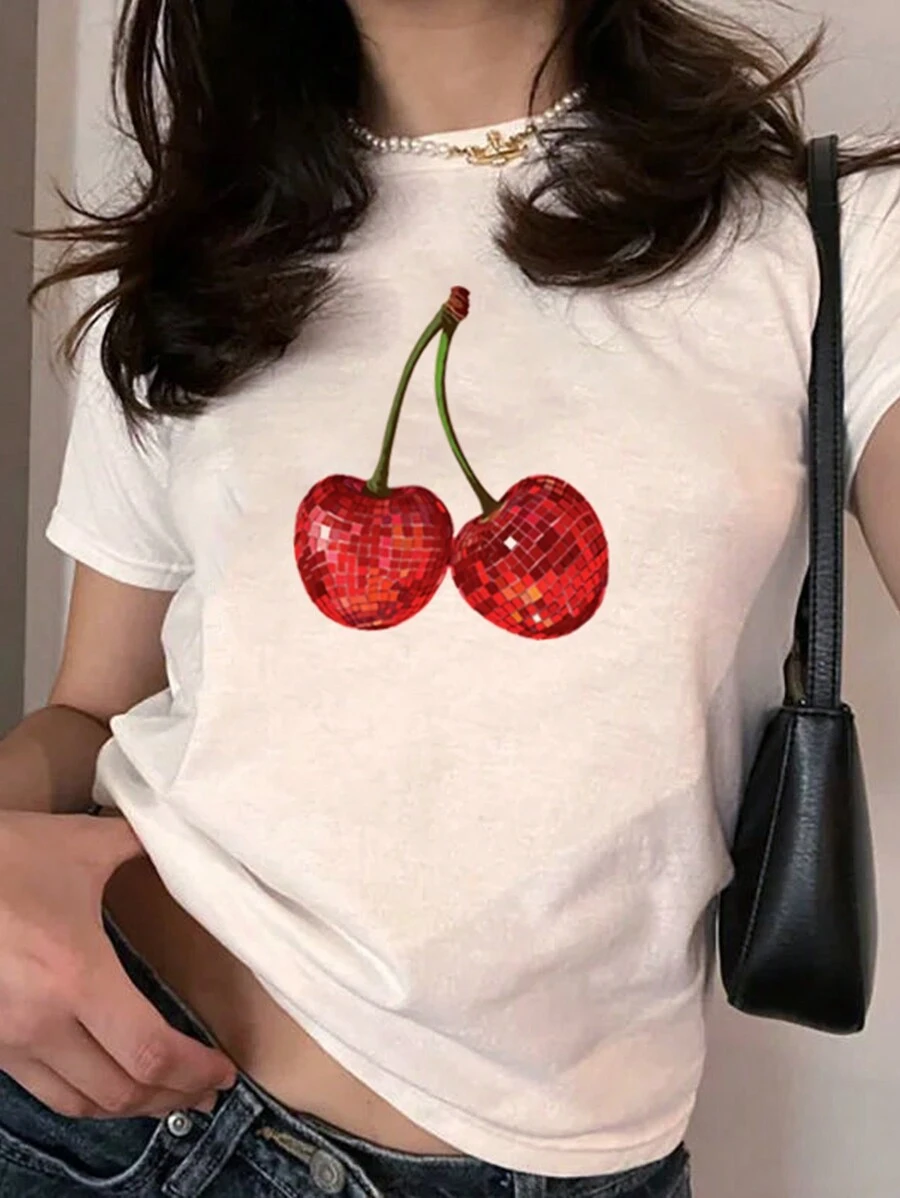 INAWLY Women Cherry Print Round Neck Short Sleeves Casual T-Shirt For Summer Graphic Tees Women Tops