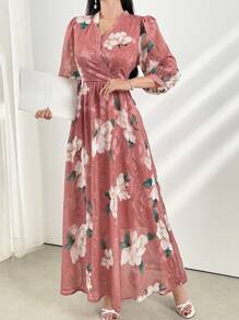 Modelyn 女士V領花卉印花交叉包裝簡約阿拉伯長裙 - 彩色 - 查看 5