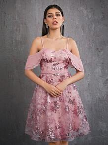 Mgiacy Embroidered Sequin Mesh Off-Shoulder Ruffle Sleeve Short Evening Dress - Pink - View 4