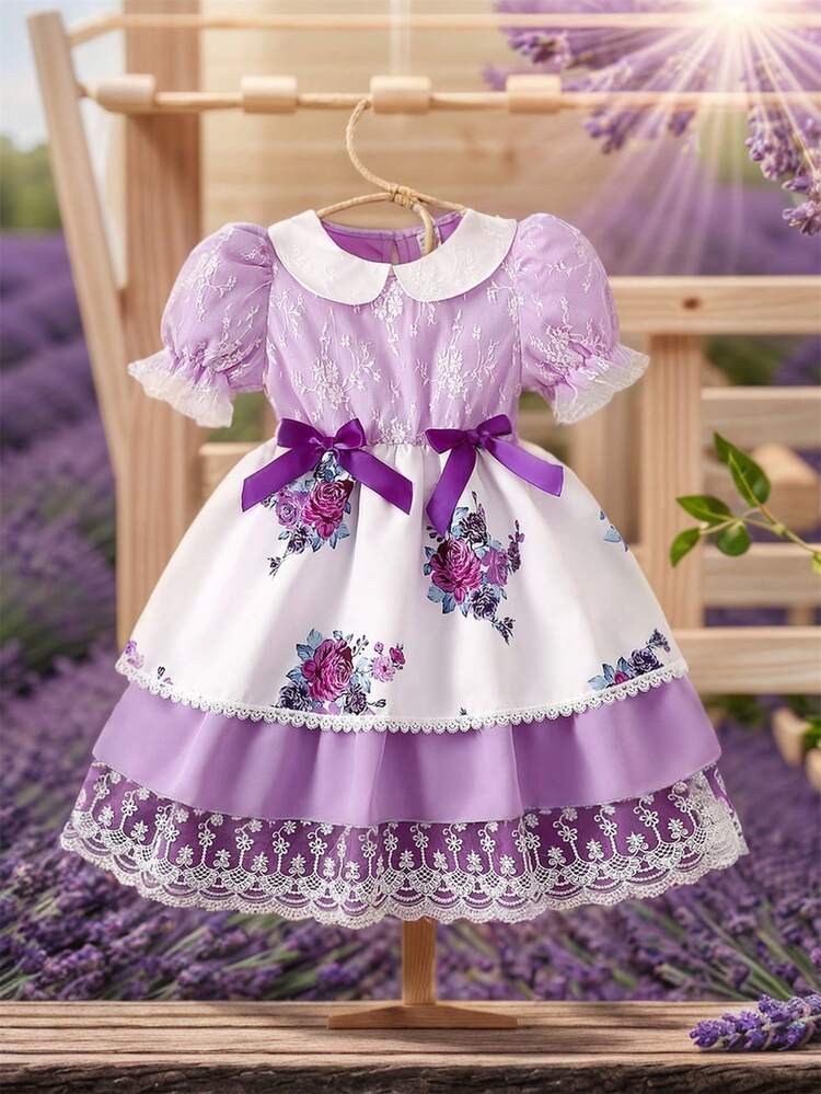 Young Girls' Purple Floral Printed A-Line Dress With Bow Detail, Suitable For Romance And Elegance