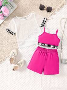 Conjunto de ropa informal de 3 piezas para bebé niña que incluye camiseta sin mangas, pantalones cortos y chaqueta