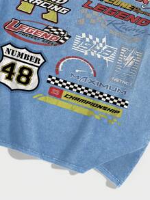 ROMWE MEN Street Life 男式赛车夏季字母印花圆领休闲混色背心，学校 - 藍色 - 查看 4