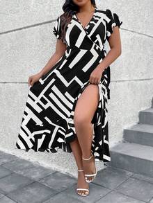 SHEIN Clasi 加大碼女士休閒日常隨機印花簡約連衣裙 - 黑與白 - 查看 4