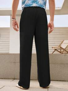 Manfinity VCAY 女士純色開衩口袋直腳編織休閒褲 - 黑色 - 查看 2