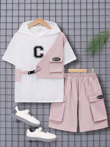 SHEIN Tween Boy Loose Fit Casual Hooded 2 In 1 T-Shirt And Shorts Set - Pink - View 7