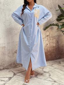 Calvaya Plus Size Blue & White Striped Loose Shirt Dress For Women