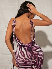 SHEIN SXY 夏季海滩长裙女式性感桃花曲线斑马纹连衣裙摆领大露背夏季服装 - 紫色 - 查看 1