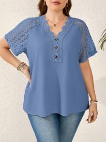 EMERY ROSE Plus Size Women's Casual Contrast Lace V-Neck Short Sleeve T-Shirt, Summer - Blue - View 5
