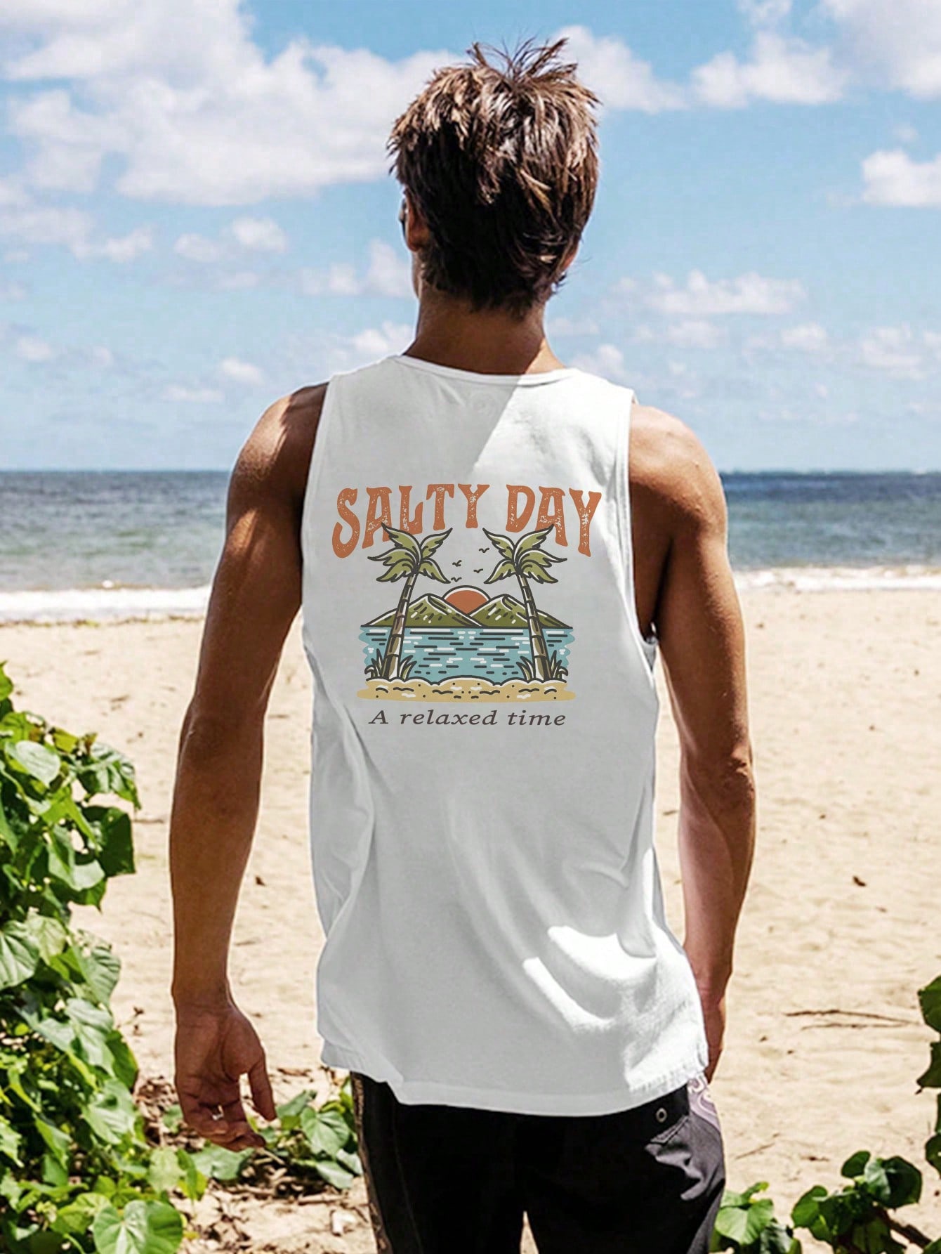 Men's Casual Sleeveless Tank Top With Tropical Plant Slogan Print, Summer