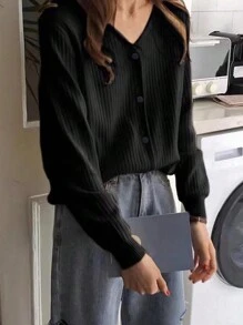 Pulover cardigan de damă, de culoare uni, simplu, ocazional, pentru zi cu zi - Negru - Vizualizare 1