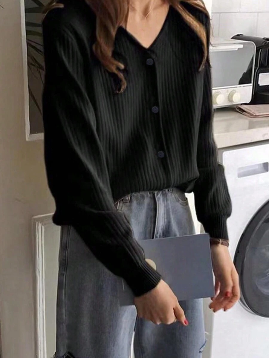 Pulover cardigan de damă, de culoare uni, simplu, ocazional, pentru zi cu zi - Negru - Vizualizare 1