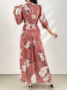 Modelyn 女士V領花卉印花交叉包裝簡約阿拉伯長裙 - 彩色 - 查看 2