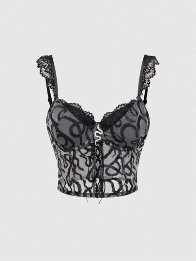 Goth Camiseta de tirantes para mujer con diseño de empalme y encaje recortado, con patrón de textura de patrón de piel de serpiente gótico oscuro