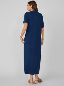 SHEIN BASICS Đầm chữ A tay ngắn cổ tròn màu trơn có túi, trang phục thường ngày mùa hè - Màu xanh hải quân - Xem 2