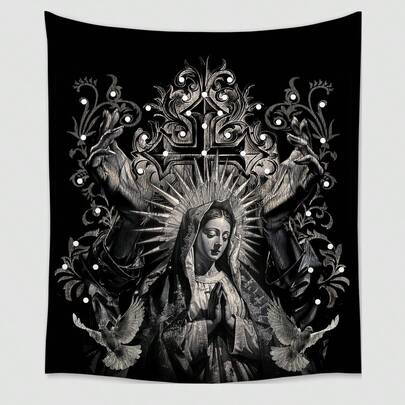 ROMWE Goth 1 tấm thảm bằng vải polyester in chữ thập và chim bồ câu trắng Dark Holy Lady, thích hợp cho trang trí tường phòng ngủ phòng khách hàng ngày, trang trí cắm trại, tất cả các mùa