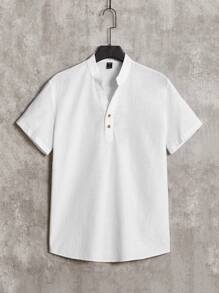 GENTILAND 男士白色短袖V領T恤和黑色口袋束腰短褲休閒編織2件套裝，適用於夏季 - 白色 - 查看 4