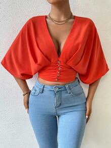 BamGleam Áo sơ mi thắt eo cổ chữ V sâu màu trơn mùa hè - trái cam - Xem 6