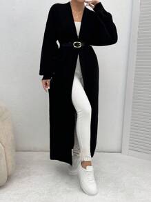 EURMUSE Dual Pocket Drop Shoulder Open Front Black Sweater Cardigan - Black - View 3