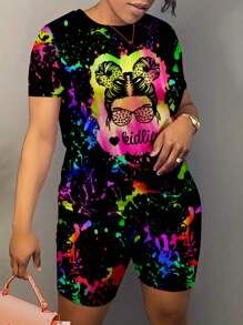 Slaydiva 隨性寬鬆的墨水飛濺多彩女孩圓領短袖T恤和短褲套裝，大尺碼，夏季 - 黑色 - 查看 8
