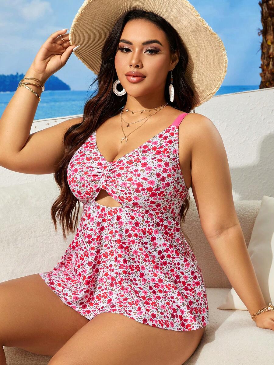 SHEIN VCAY 大尺碼小花束麻花紋夏日沙灘泳衣套裝 - 彩色 - 查看 1