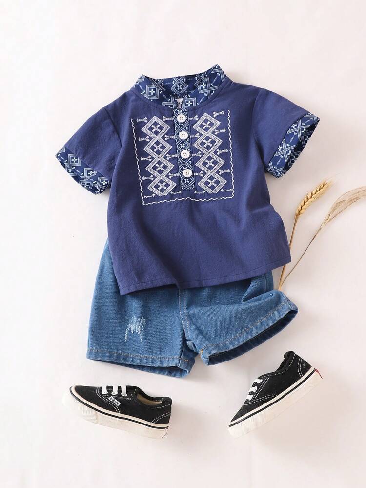 2pcs Infant Boys' Simple  Embroidery Short Sleeve Outfits For Daily Wear In Summer