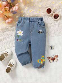 可愛的花朵和彩虹圖案捲邊牛仔褲，適合寶寶女孩 - 淺色水洗藍 - 查看 1