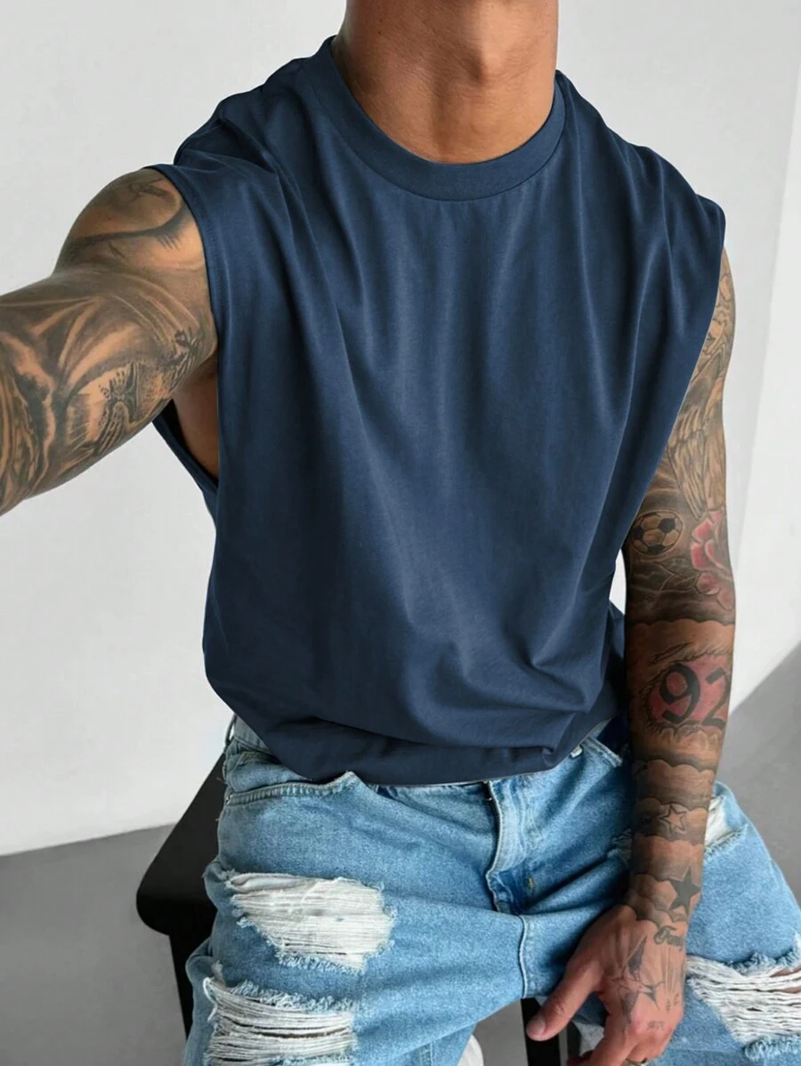 2025新款男士纯色圆领无袖休闲嘻哈上衣，春夏款 - 藍色 - 查看 1
