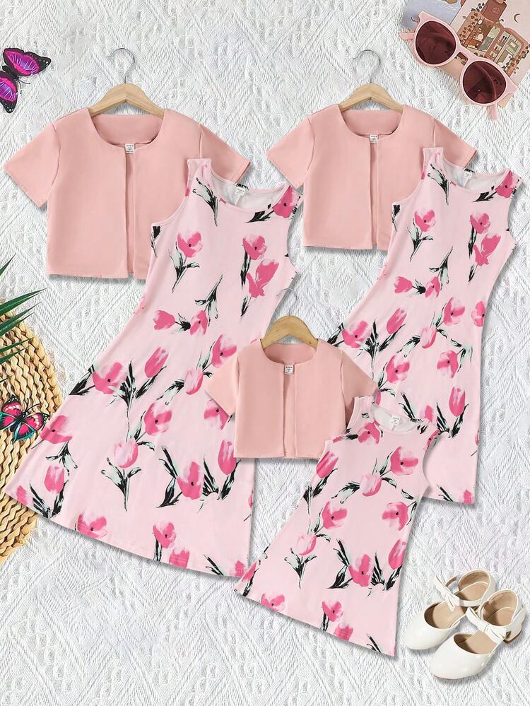Young Girl Summer Plain Round Neck Short Sleeve Cardigan Top And Floral Print Round Neck Top Dress Set, 2pcs