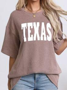 INAWLY 德克萨斯 & 字母印花时尚罗纹女式上衣夏季宽松超大落肩 T 恤