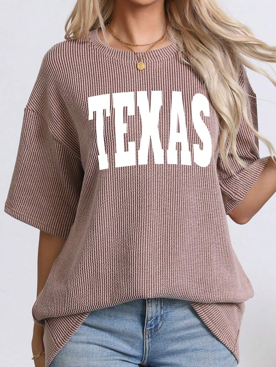 INAWLY 德克萨斯 & 字母印花时尚罗纹女式上衣夏季宽松超大落肩 T 恤