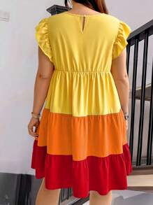 Plus Size Women's Loose Fit Colorblock Round Neck Cap Sleeve Babydoll Dress With Ruffled Hem, Summer - Multicolor - View 2