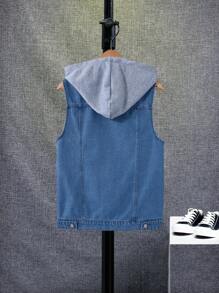 SHEIN 青少年男孩休闲时尚混搭新颖浅色水洗宽松牛仔连帽拼接背心，适合度假和日常穿着，返校季必备 - 彩色 - 查看 2