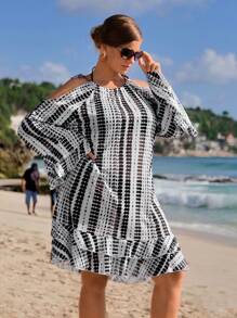 Plus Size Women's Open Shoulder Tie-Dye Printed Loose Shirtdress For Vacation Summer - Black and White - View 7