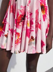 Maija 2025 春夏初秋独立日七月装毕业花卉印花褶皱纽扣前无袖衬衫领迷你连衣裙，女士休闲海滩度假 - 彩色 - 查看 5