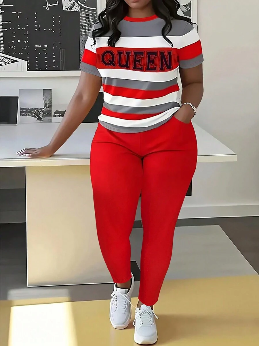 Plus Size Color-Block Striped Short Sleeve T-Shirt And Long Pants Women's Set - Red - View 1