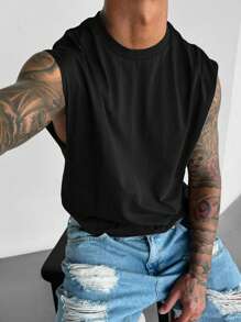 2025 New Men's Summer Solid Color Crew Neck Sleeveless Casual Hip Hop Wide Strap Tank Top - màu đen - Xem 3