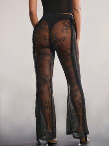 SHEIN Unity Rave Festival Lace Trousers With Fringe Seams - Black - View 7