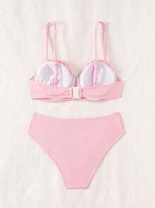 Swim Vcay Summer Women's Solid Color Pleated Sexy Bikini Set For Beach Holiday - Pink - View 2