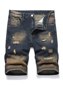 Bermuda Jeans Masculina Slim-Fit com Bloco de Cores Desgastado e Perna Retal Estilo Direto - Lavagem escura - Ver 1