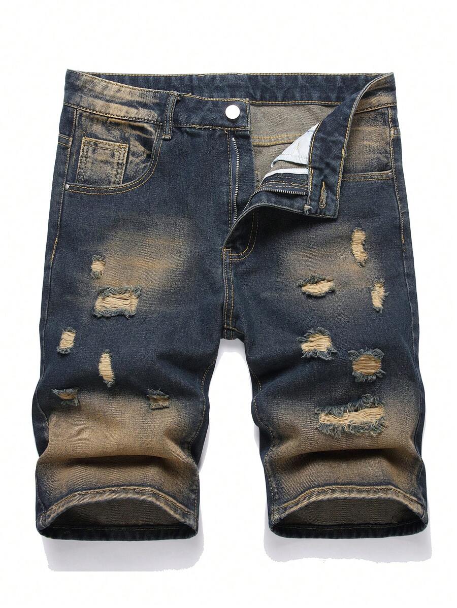 Bermuda Jeans Masculina Slim-Fit com Bloco de Cores Desgastado e Perna Retal Estilo Direto - Lavagem escura - Ver 1