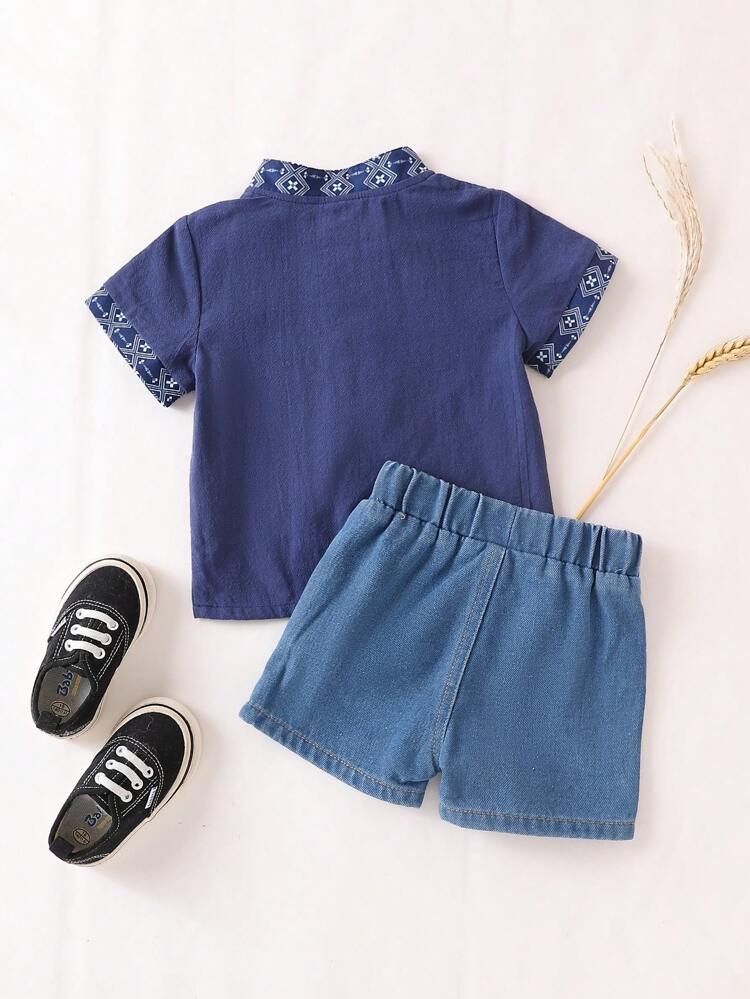 2pcs Infant Boys' Simple  Embroidery Short Sleeve Outfits For Daily Wear In Summer