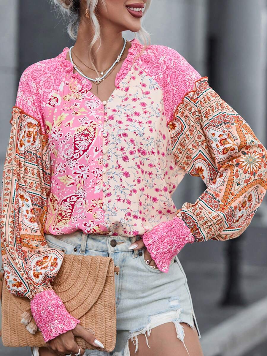 Acelitt 花卉印花荷叶边袖衬衫，长袖上衣