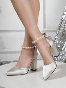 2025秋冬季银色仿珍珠和水钻装饰项链蝴蝶结镂空时尚粗跟高跟鞋情人节，优雅女士高跟鞋 - 銀色 - 查看 5