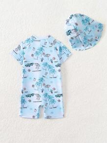 2 件装男婴热带椰子树度假风格泳衣，配有前拉链、防晒帽、蓝色扎染短袖连体衣 - 霧霾藍 - 查看 2