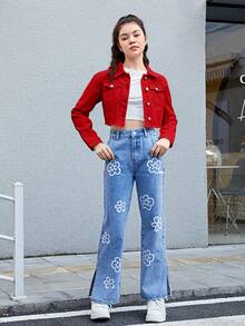 SHEIN Einfarbige, schlichte Jeansjacke für den Alltag für Teenager-Mädchen - Rot - Übersicht 5