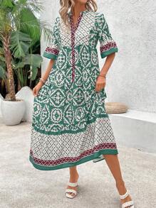 SHEIN Clasi Women's Vintage Style Printed Simple Everyday Dress - Multicolor - View 3