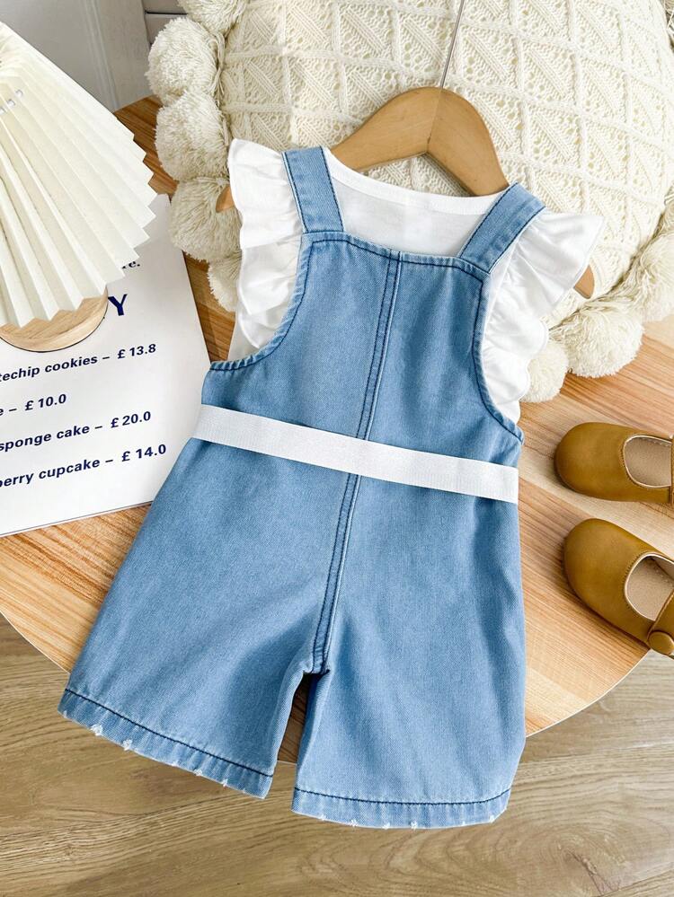 Baby Girl Vacation Casual Solid Color Ruffle Hem Top With Ironed Silver Heart And Distressed Denim Overalls Set