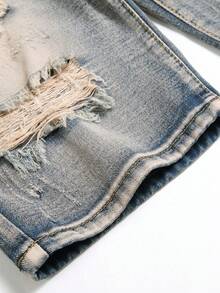 Pantalones cortos de mezclilla para hombre de ajuste delgado y pierna recta con bloqueo de color desgastado - Azul lavado medio - Ver 6