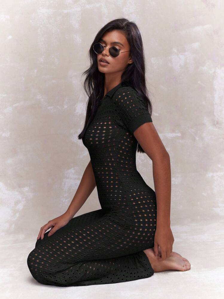 missguided black crochet dress MISSGUIDED Crochet Knit Mini Dress With Bell Sleeves And Plunge Neck MISSGUIDED