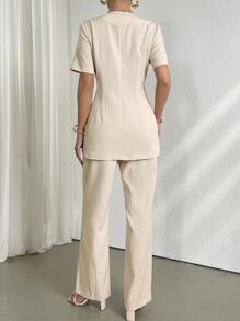 Mulvari Set di top e pantaloni a maniche corte con colletto a tacche monocolore da donna con chiusura a pulsante singolo - Albicocca - Visualizzare 8